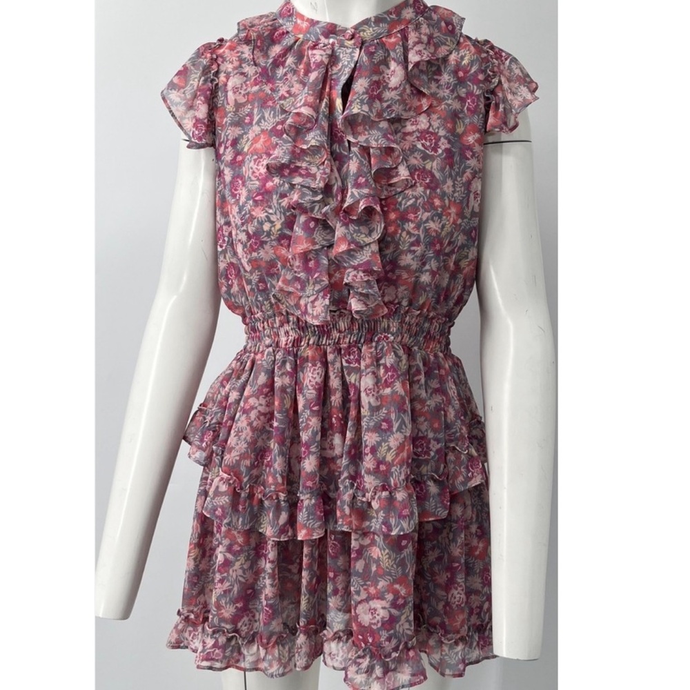 MISA “Marnie” Floral Print Ruffle Sleeveless Smocked Dress!